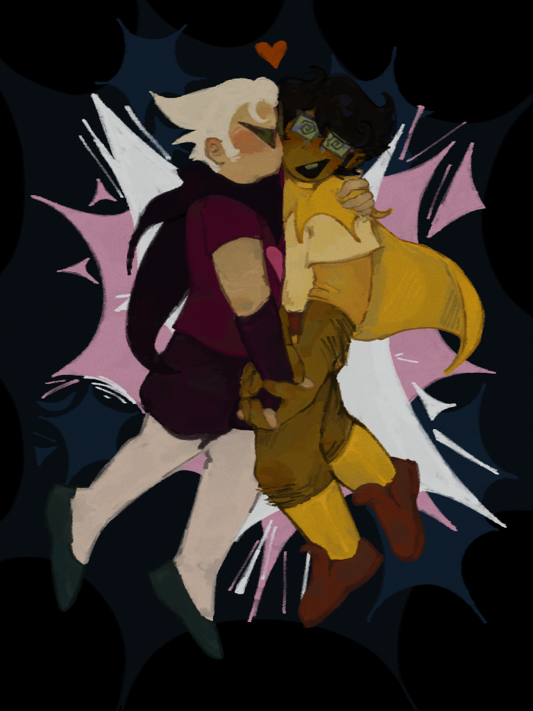 A digital painting of Dirk Strider kissing Jake English on the cheek. They are in their godtier outfits and floating on a dark background decorated with abstract explosion-shapes. Jake looks very flustered but thrilled - his eyes are spirals, his face is flushed, and he holds Dirk's hand with both of his hands.