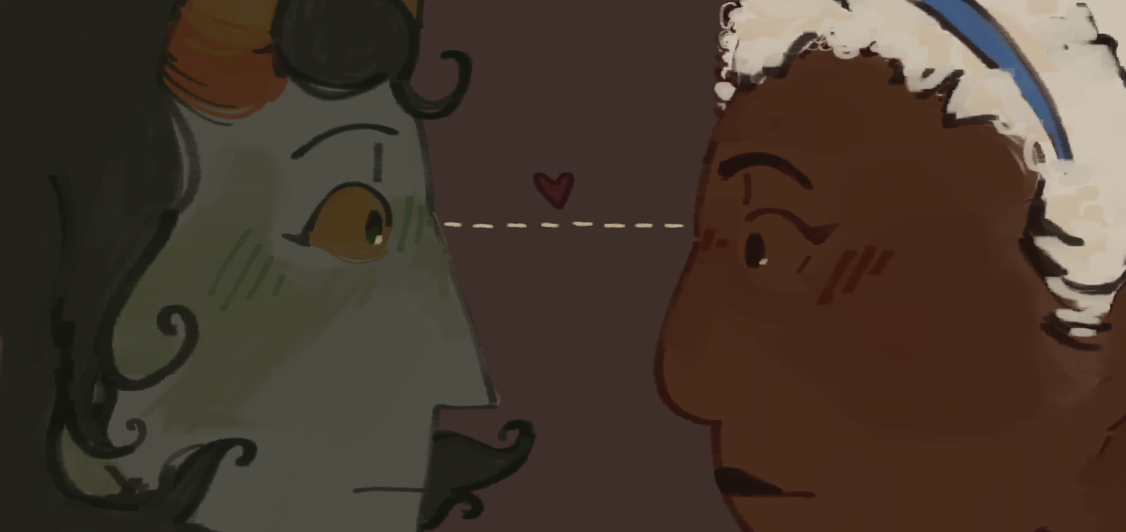 A digital painting of Kanaya Maryam and Rose Lalonde staring at each other and blushing. It is zoomed very close to their faces.