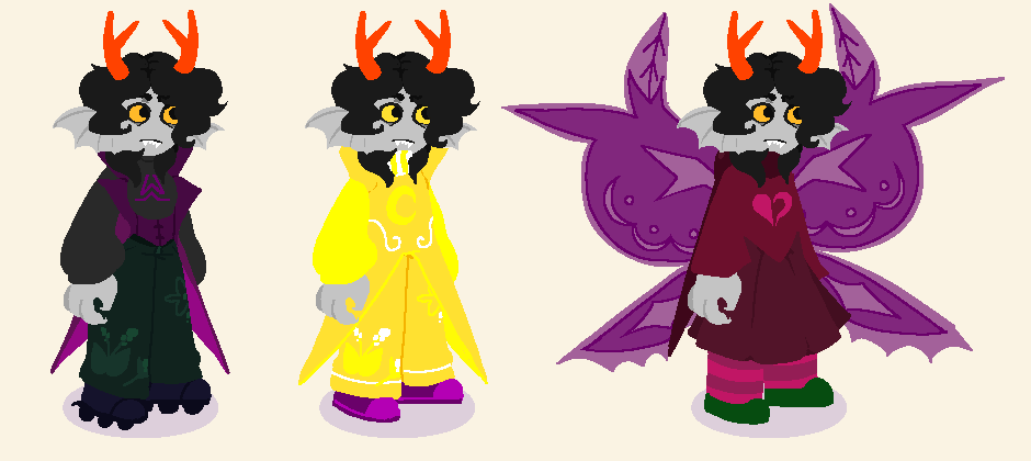 A reference sheet for a Homestuck fantroll in three outfits. He is a violetblood with Y-shaped horns and long, curly hair. His first outfit is a back sweater, violet tailcoat, green trousers with a floral pattern, and dark blue rollerblades. His second is Prospit pyjamas. His third is a Witch of Heart's godtier outfit with violet wings.