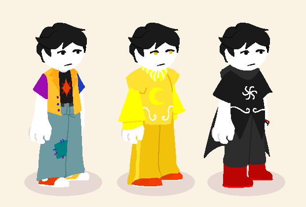 A reference sheet for a Homestuck fankid in three outfits: casual, dreamself, and godtier. They have short black hair and stark white skin. Their casual outfit is a short-sleeved yellow jacket, its left sleeve blue and its right sleeve purple, over a black t-shirt with a red star design. They wear teal jeans with a darker teal patch, and mismatched red and yellow converse. Their second outfit is Prospitian pyjamas, and their godtier is the Mage of Space.