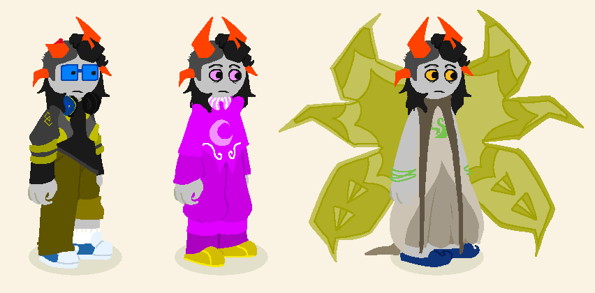 A reference sheet of a goldblooded fantroll in three outfits. Her hair is half-shaved. Her two pairs of horns resemble a Jacob Sheep's, though in her casual outfit one of them is broken. That casual outfit is square-shaped and blue-tinted glasses, a cropped grey-and-gold jacket over an asymmetric black shirt. Her left trouser leg is rolled up to the knee and she wears blue converse shoes. Her other outfits are Dersite pyjamas and a godtier Sylph of Life (with golden butterfly wings.)