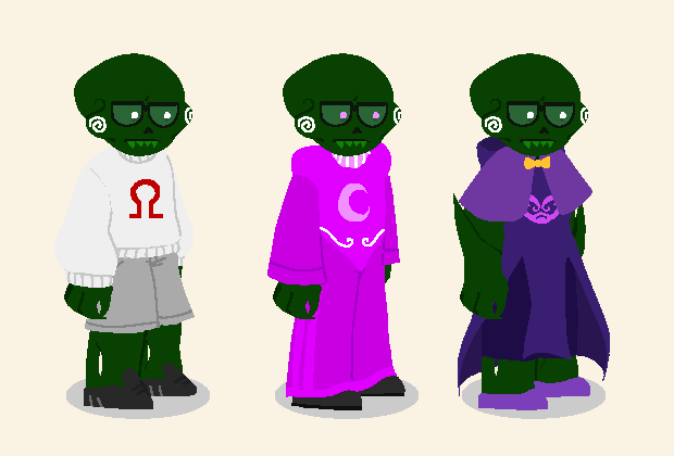 A reference sheet of a Homestuck fancherub in three outfits. Their cheek-spirals are white and thy wear glasses. Their first outfit is a white sweatshirt with a red horseshoe design and long grey shorts. Their second outfit is Dersite pyjamas. Their third is a godtier Muse of Rage.