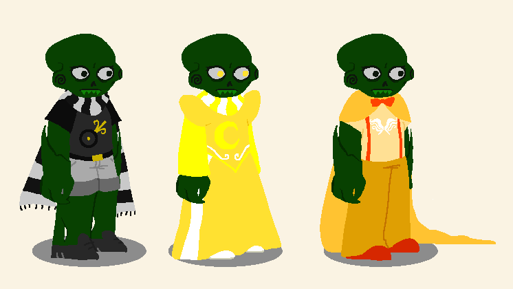 A reference sheet of a Homestuck fancherub in three outfits. Their cheek-spirals and eyes are black. Their first outfit is a grey t-shirt with darker sleeves which has a blck-and-gold comet design. They also have grey shorts and a long stripey scarf. Their second outfit is Prospitian pyjamas. Their third is a Lord of Hope godtier outfit.