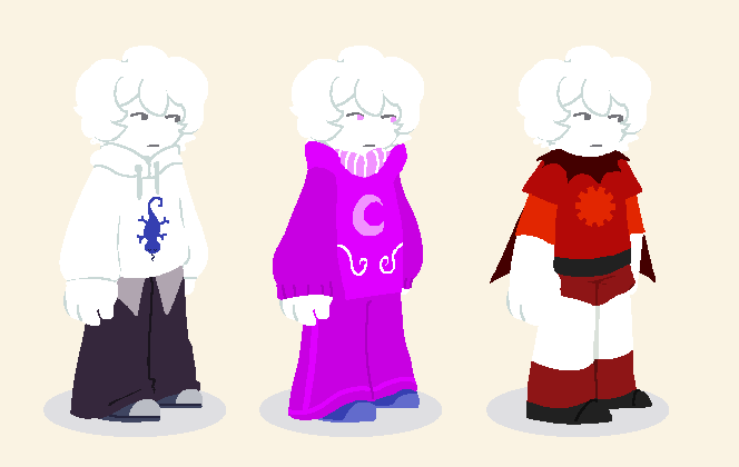 A reference sheet for a homestuck fankid in three outfits: casual clothes, Derse dreamself, and godtier. He has short, curly white hair and white skin. His casual outfit is a white hoodie with a blue lizard design on it, a lavender button-down visible under the hoodie, and baggy blue pants. His godtier is the Page of Time.