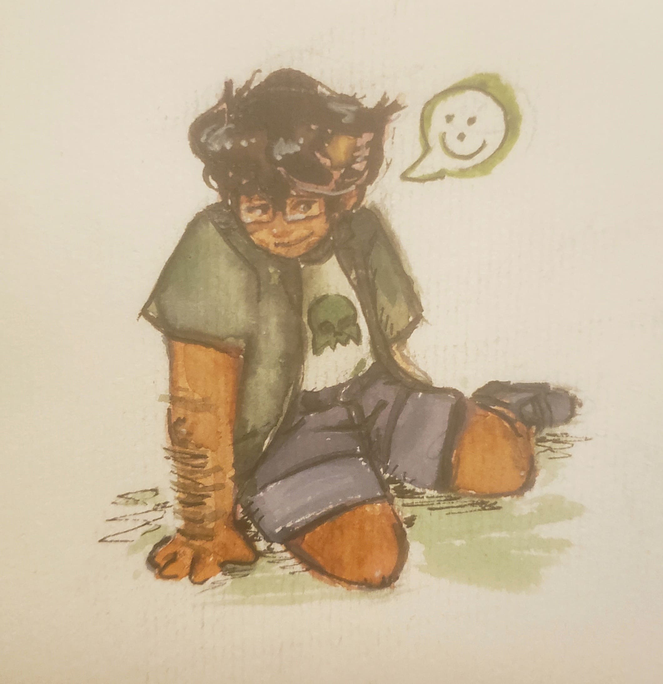 A watercolour illustration of Jake English sitting on the ground. He is smiling faintly.