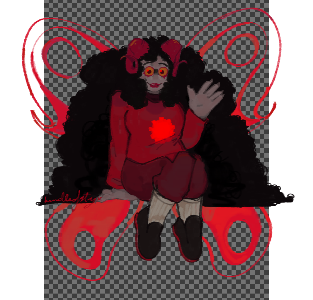 A digital painting of Aradia Megido in her godtier outfit sitting with her legs pressed together, smiling wide, and waving. She is drawn with huge, coily hair and large eyes. The background is checkered grey-and-black, like a png.