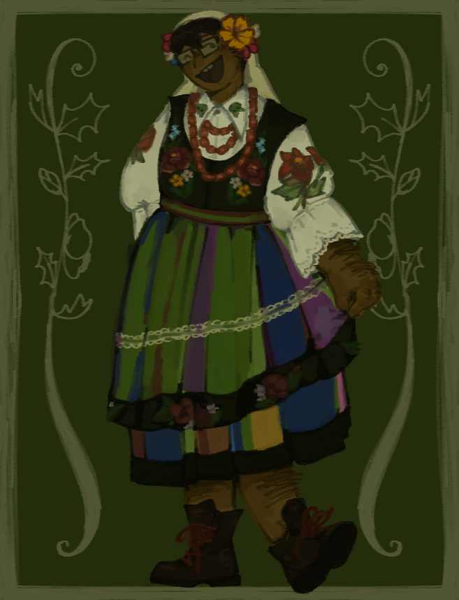 A digital painting of Jake English in Łowicz women's folk costume (a poofy shirt with lace details, a black vest with a floral pattern, a colourfully striped and layered skirt, and back boots, and a veil covering most of his hair, decorated with flowers.) He smiles and holds the skirt with one hand. The colours are very muted.
