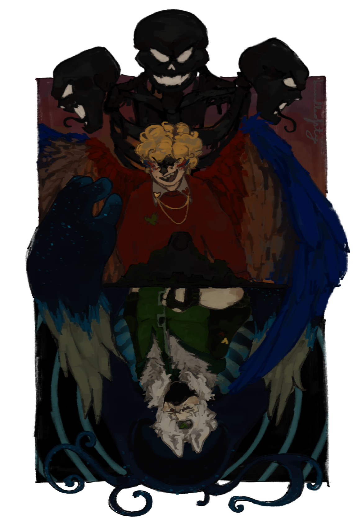 A digital painting of Grian and Etho in session 6 of Secret Life. The top half of the piece is dedicated to Grian, who is smirking in front of the Wither. He is drawn with large macaw wings. The bottom half of the piece is upside-down. It shows Etho, looking more hesitant than Grian, in front of the Warden. The Warden's hand stretches into Grian's side, mirroring how Grian's wing stretches into Etho's side.