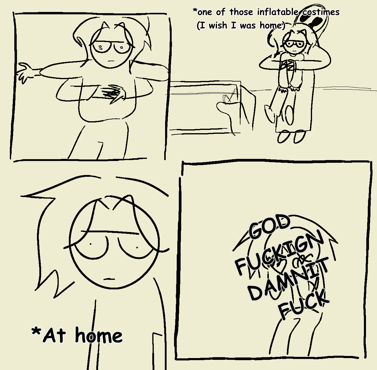 yellow 4 panel comic of me in an inflatable costume, going home, then feeling like shit