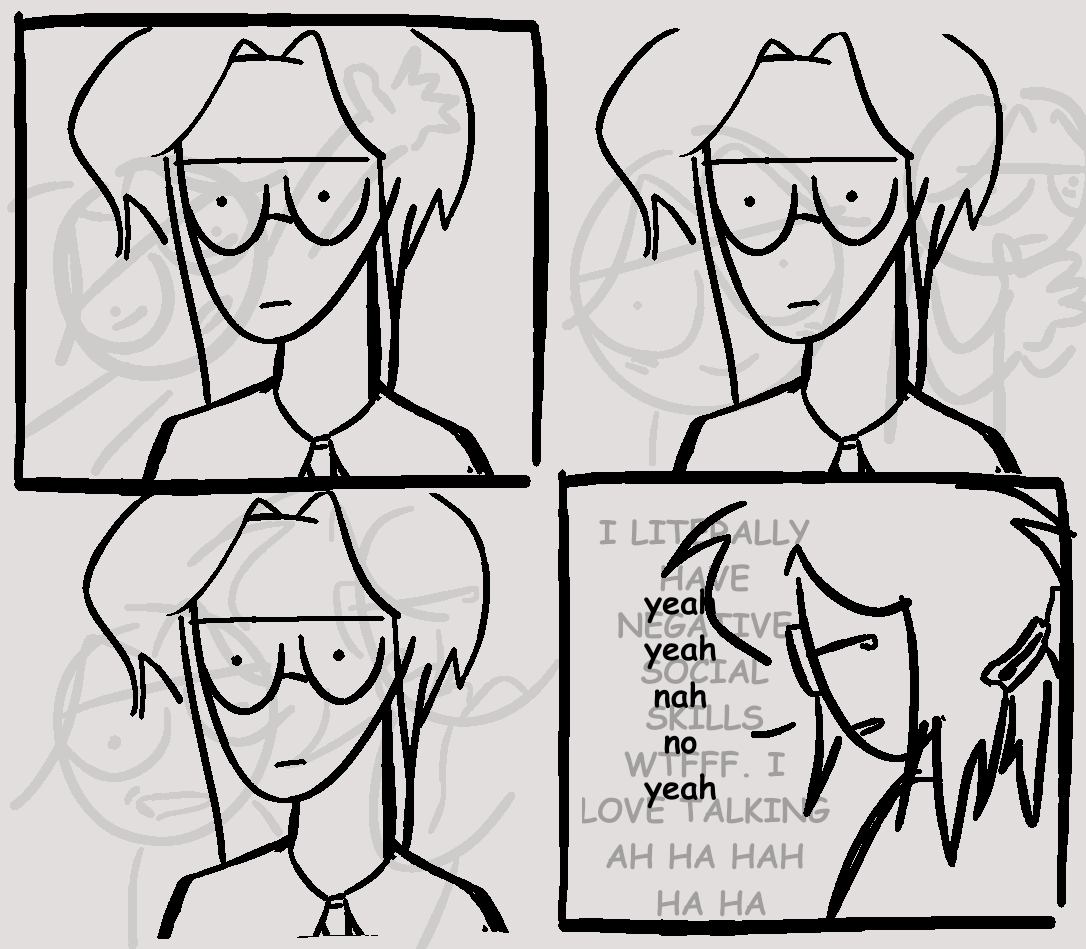4 panel comic on a white-ish background depicting my neutral face being bad at socializing