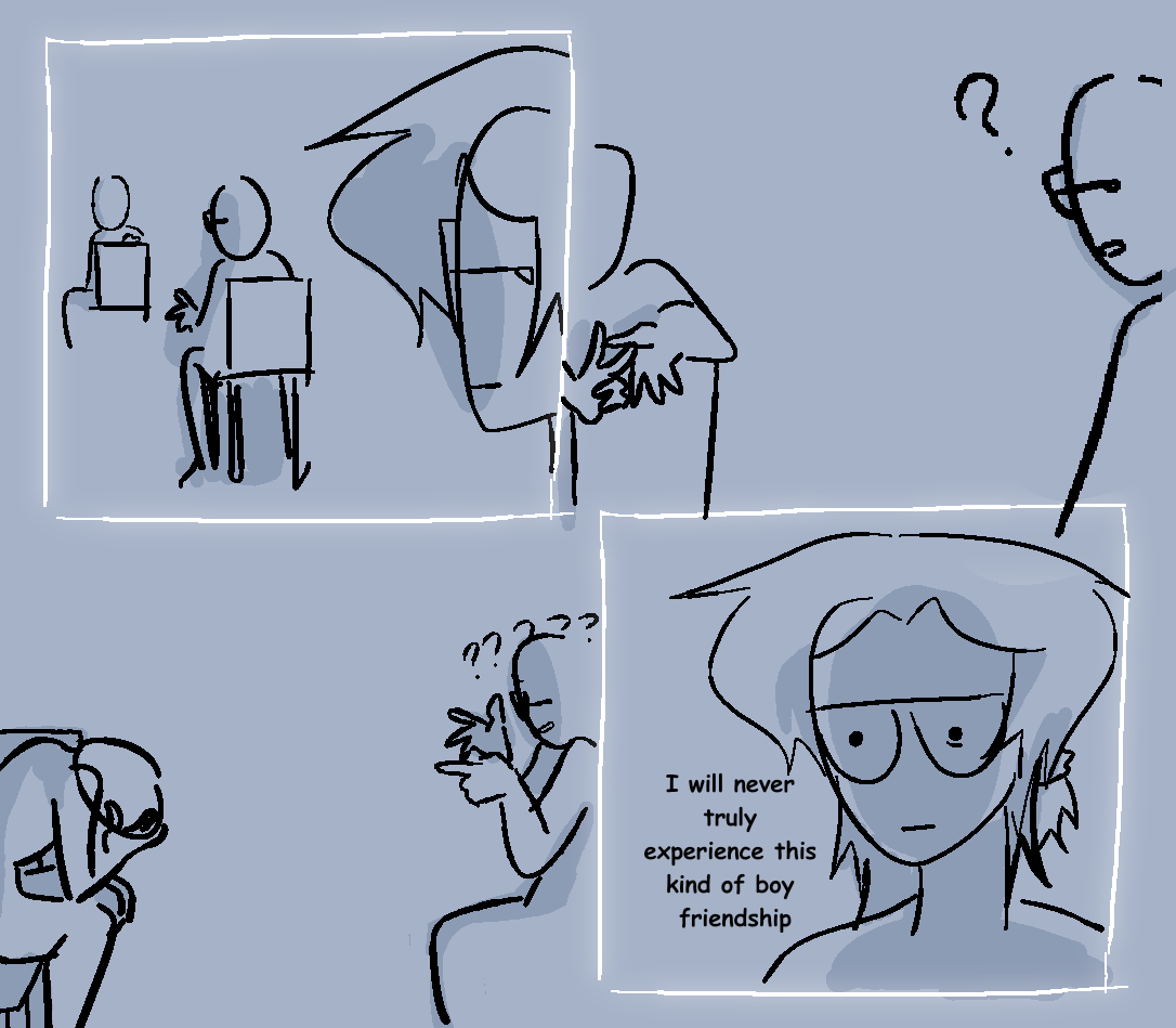 blue 4 panel comic depicting me envying 2 boys talking to eachother