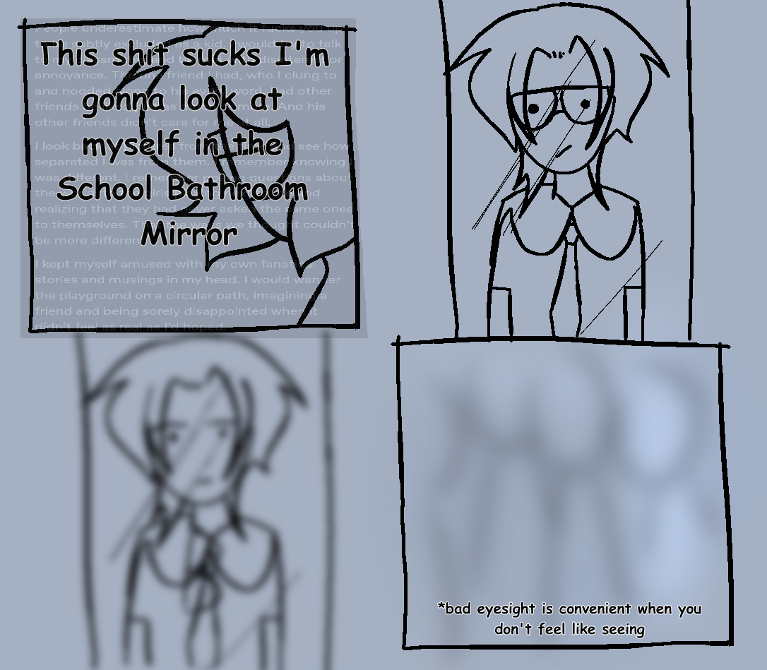 Blue 4 panel comic. 1st panel depicts me staring into the distance with a tumblr post describing being a little diffent from people in the backdrop. There is additional text in the 1st panel that says 'This shit sucks i'm going to the School Bathroom' The rest of the panels depict me looking at myself in the mirror, then taking my glasses off then the last panel is just how I see the world with no glasses. Blobs of vague people