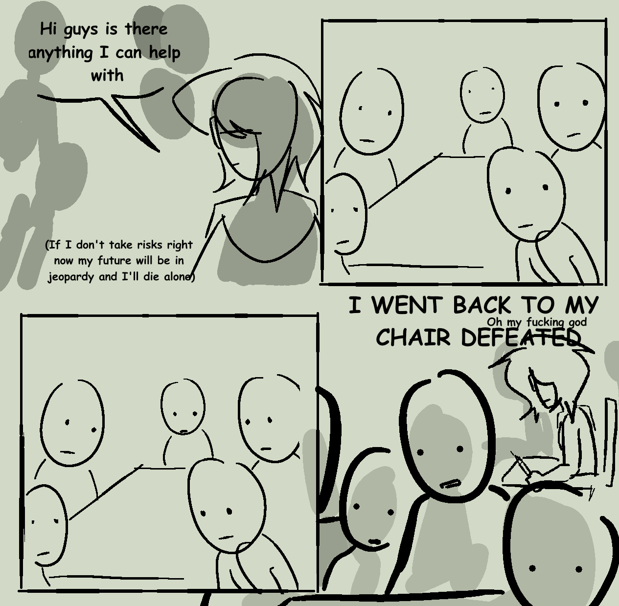 4 panel comic depicting people ignoring me after i offer help