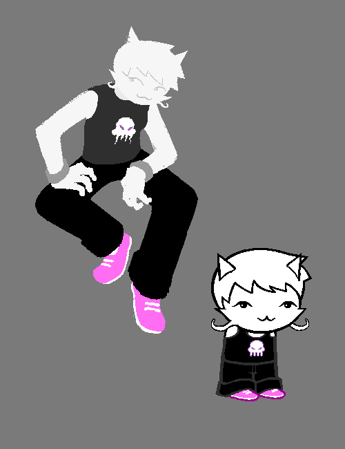 An image of Jasprose sitting down, wearing a dark gray tank top and black pants. Her hair is cut short, and she has pink shoes