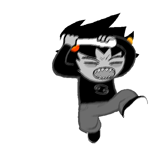 A gif of Karkat Vantas wielding his sickle and screaming. He appears to be on the attack.