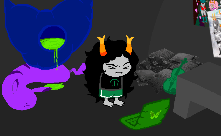 An image of a jadeblood troll wearing green shorts and a black shirt with the virpa symbol, making a disgruntled expression.
