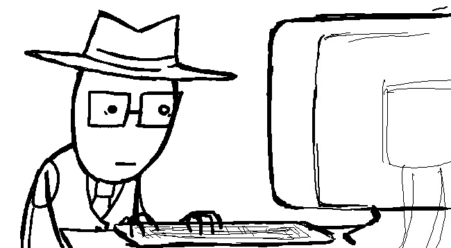 Flippant Charlatan sitting behind an old computer, based on the Problem Sleuth panel where Spades Slick sits behind a computer.