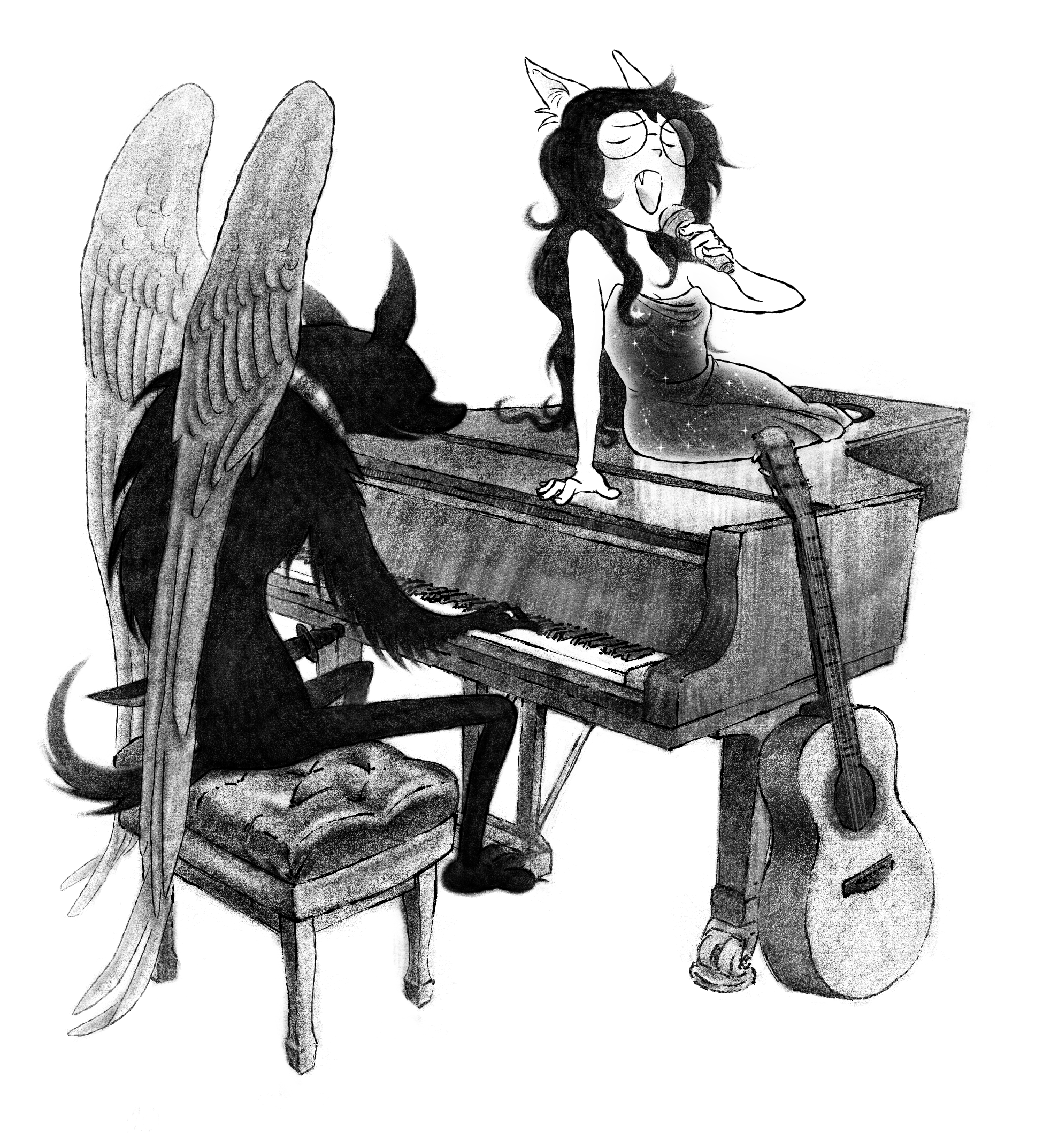 A drawing of Bec Noir playing piano while Jade Harley sings ontop of it.