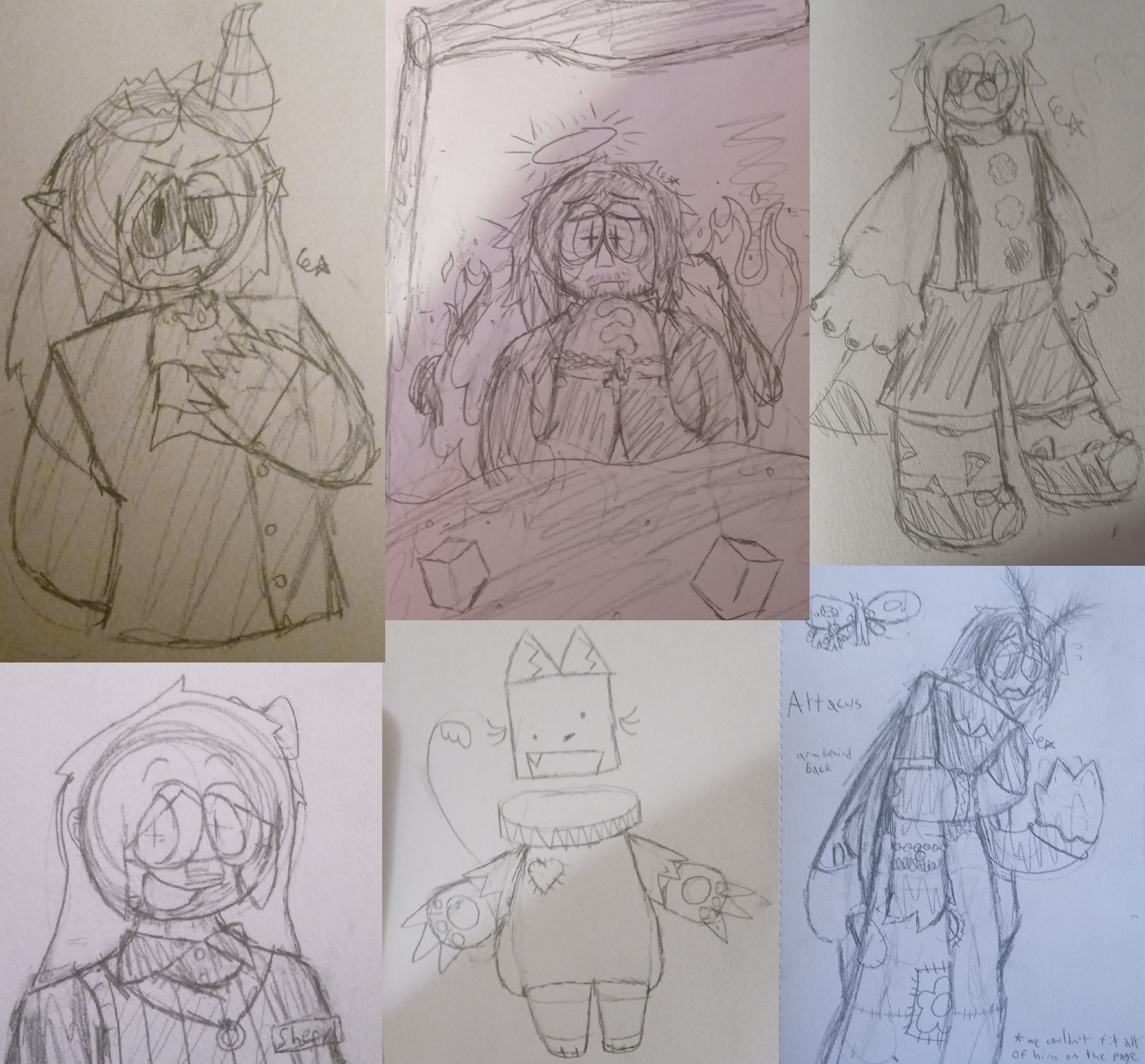 a collage of 6 traditional drawings of various subjects, all colorless