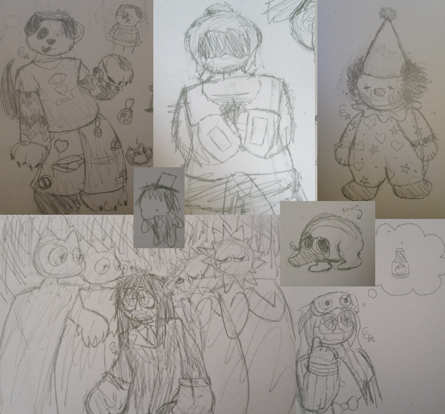 a collage of 6 traditional drawings and 1 doodle of various subjects, all colorless