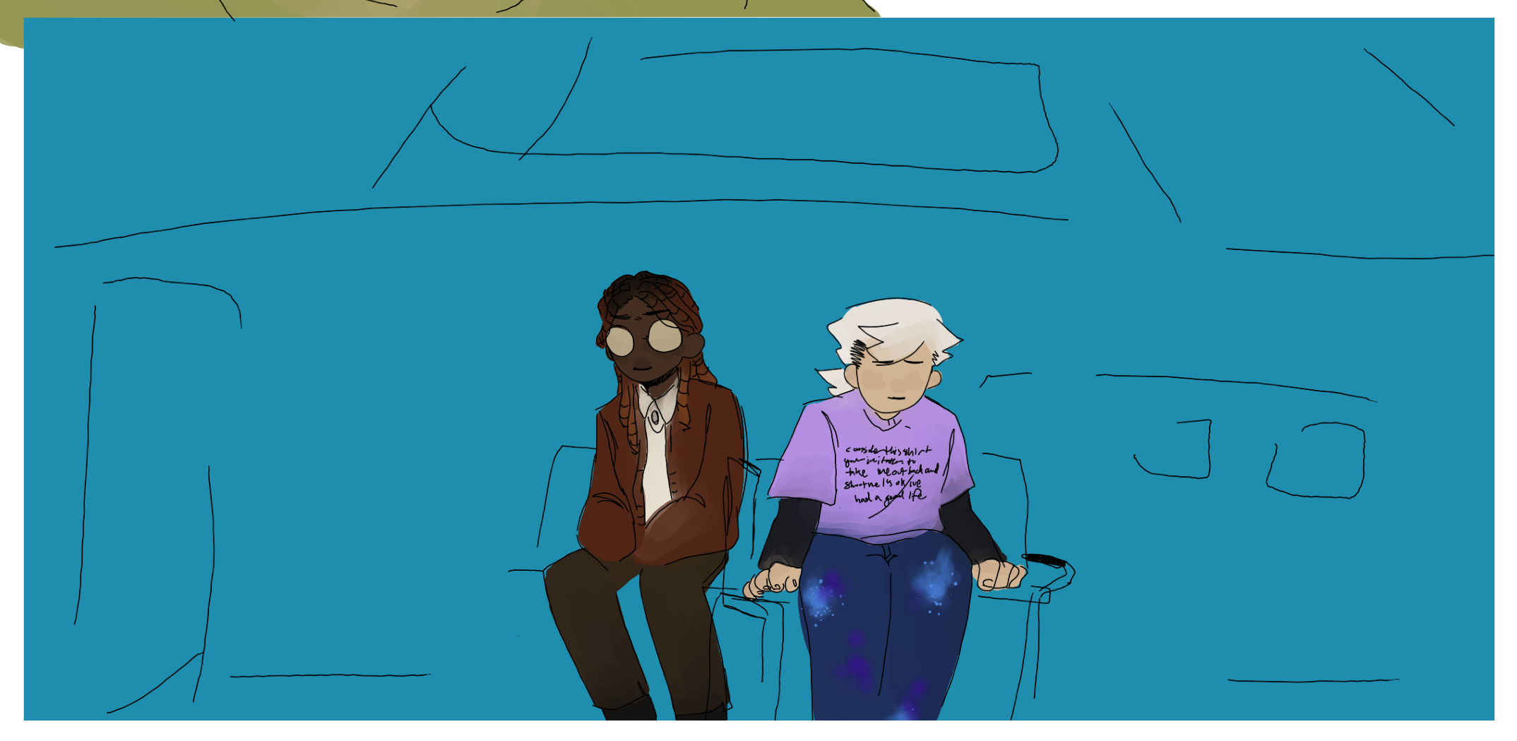 a thumbnail for the comic Level Junction which shows the two main characters, aster and sterling, sitting next to one another on a bench.