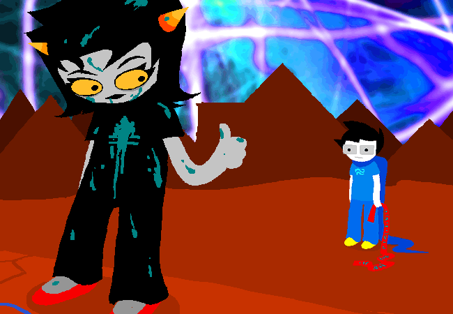 june holds a red scarf with written instructions in teal blood, while terezi gives her a thumbs up.