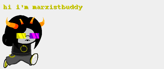 goldblood fantroll with yellow and purple glasses (jamlar from HEMOSWAPPED) doing a jump-roll with the text "hi i'm marxistbuddy"