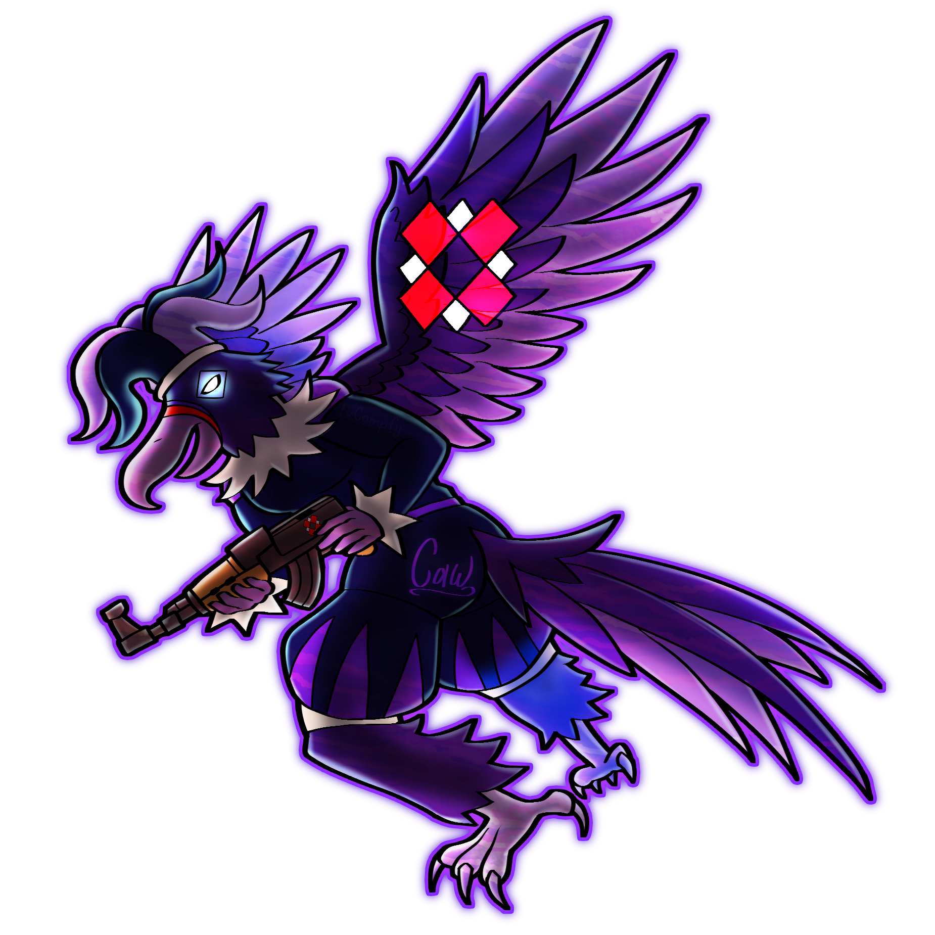 A bird like godhead holds a gun and poses, wings spread, caw on ass..
