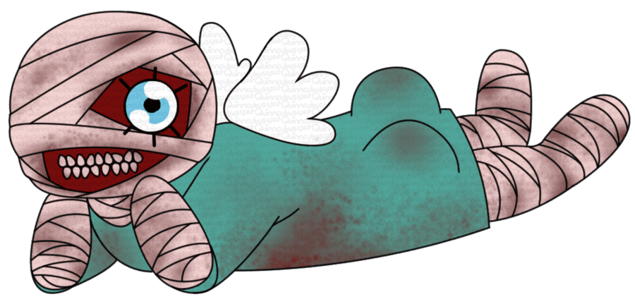 Curly from Mouthwashing on his stomach kicking his legs and looking to the viewer with a cartoonishly large and glossy eye. He has angel wings.
