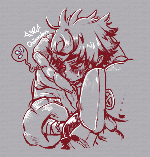 Rudo from Gachiakuta holding a stuffed bunny toward the viewer while he blushes and looks away.