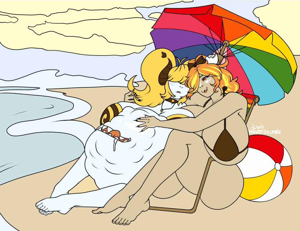 two of isquidysplat's oc's at a beach near the shore under a beach umbrella. A beach ball rests beside the one furthest to the right. The character to the right is rubbing sunscreen on the other whose stomach is enlarged and lumped to indicate having just vored multiple individuals.