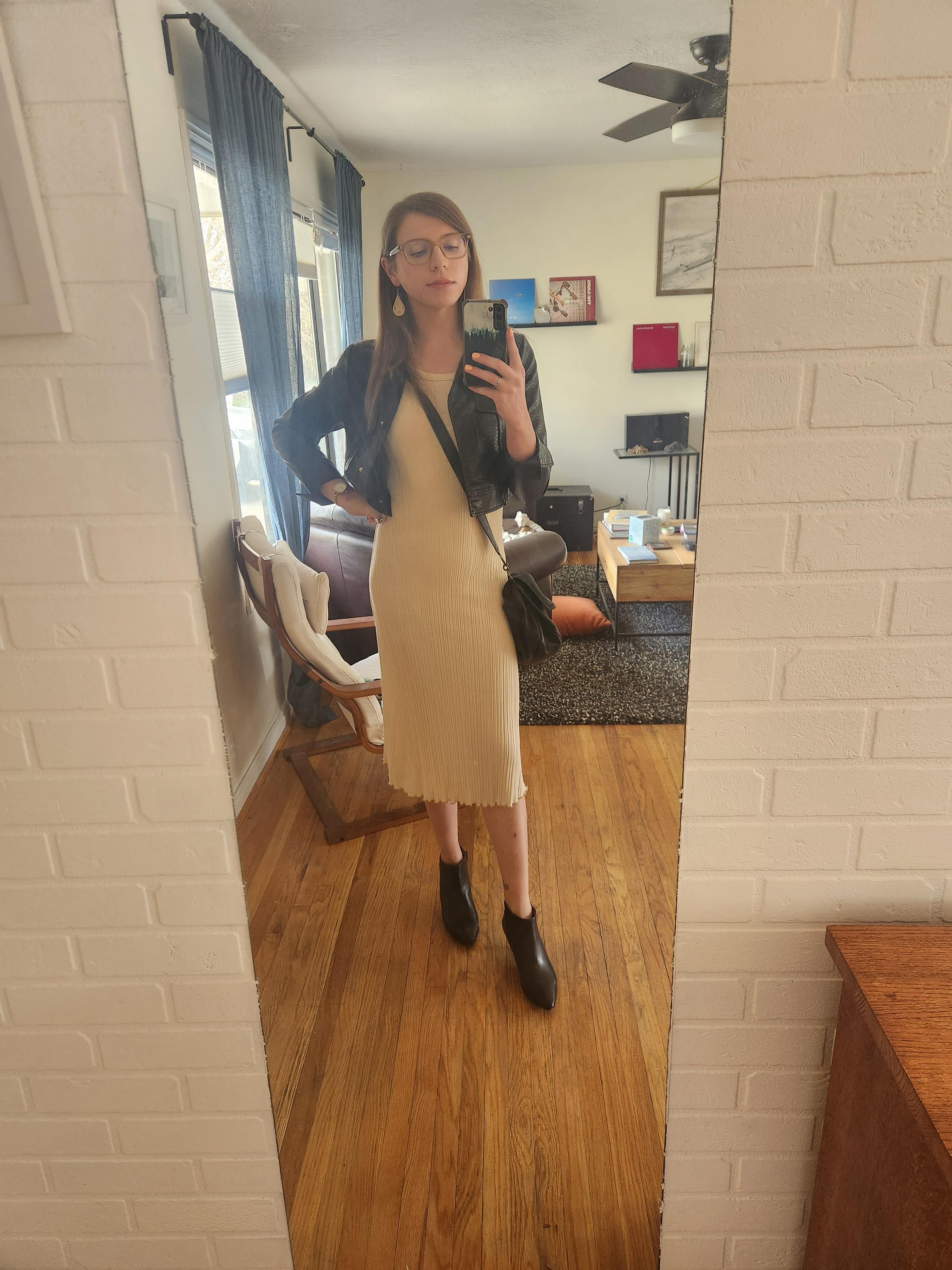 bright dress dark jacket