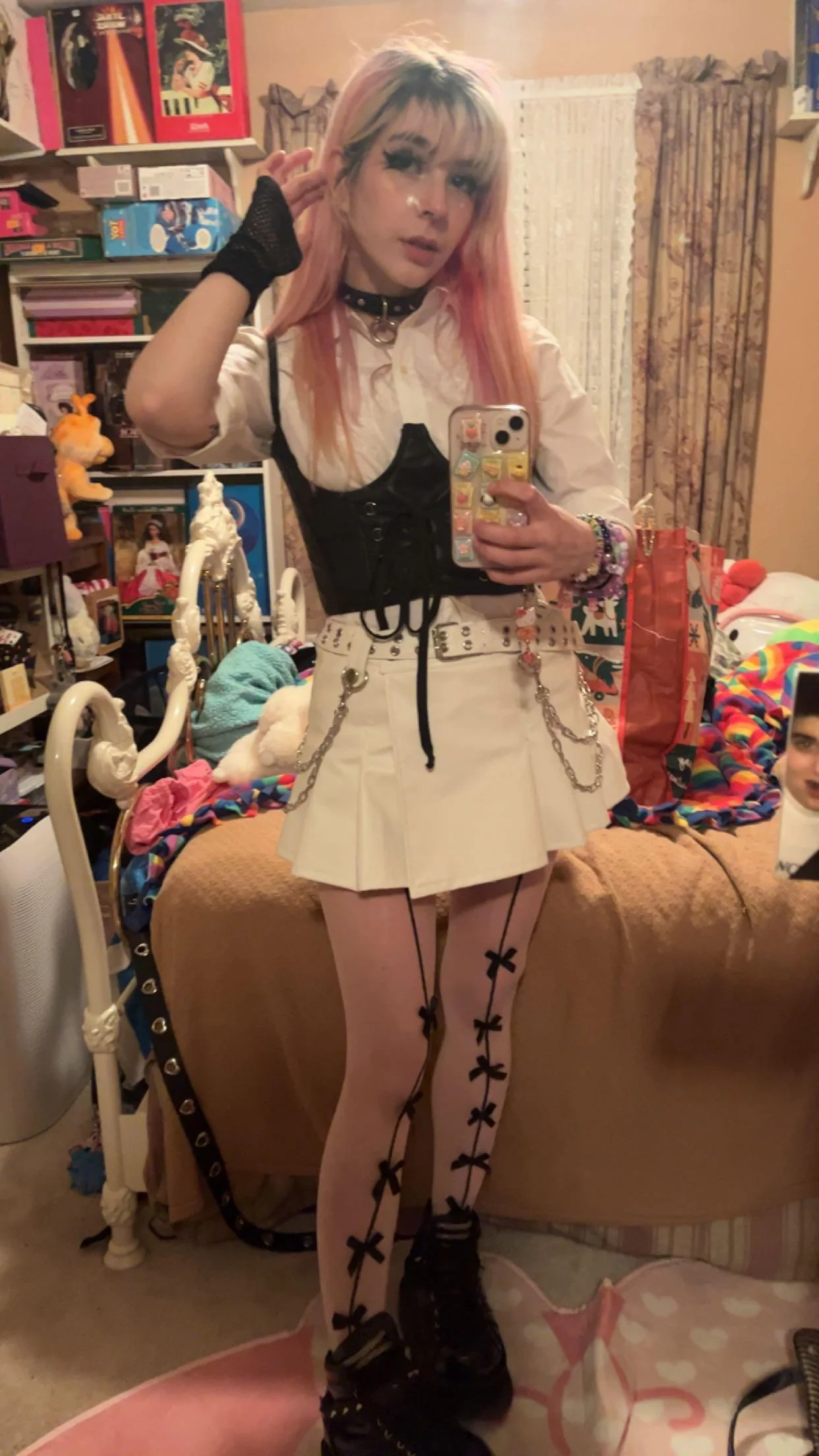 white skirt white belt black accent