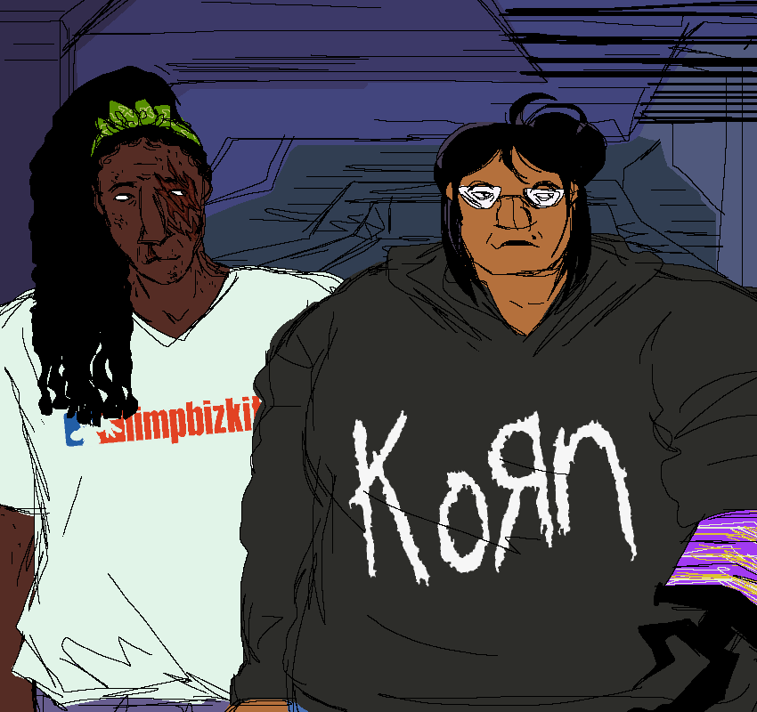 drawing of marjolaine and beatrix in limp bizkit and korn shirts respectively