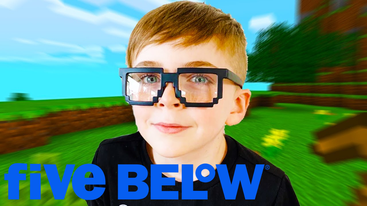 A child wearing Minecraft glasses, gaussian blur like we're zooming towards him, five below logo in the bottom corner