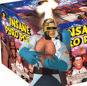 A gif of the medic from Team Fortress 2 wearing penetrationTester's loadout doing the borrowed bones taunt in front of an image of the "Insane Pyro Posse" fireworks image