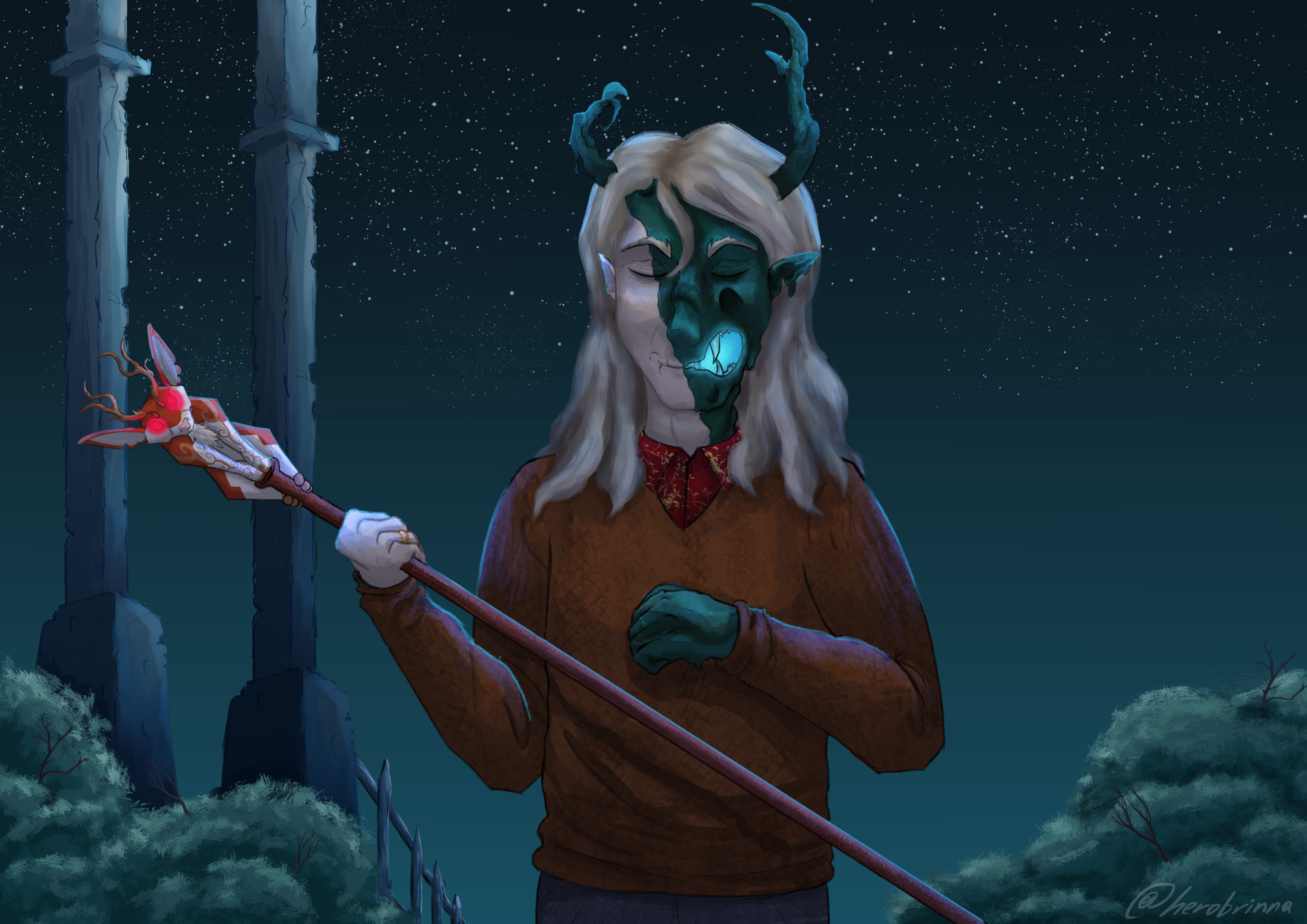 In the scene at the graveyard at the end of s 3 ep 1, by the ruined portal, Belos is standing smirking, he is holding his palisman, a jackalope (did i spell that right? prob not) which eyes are glowing, clearly ready to cast spells. Belos is half turned into his cursed form, half his face taken over by green sludge, horns starting to grow out of his skull.