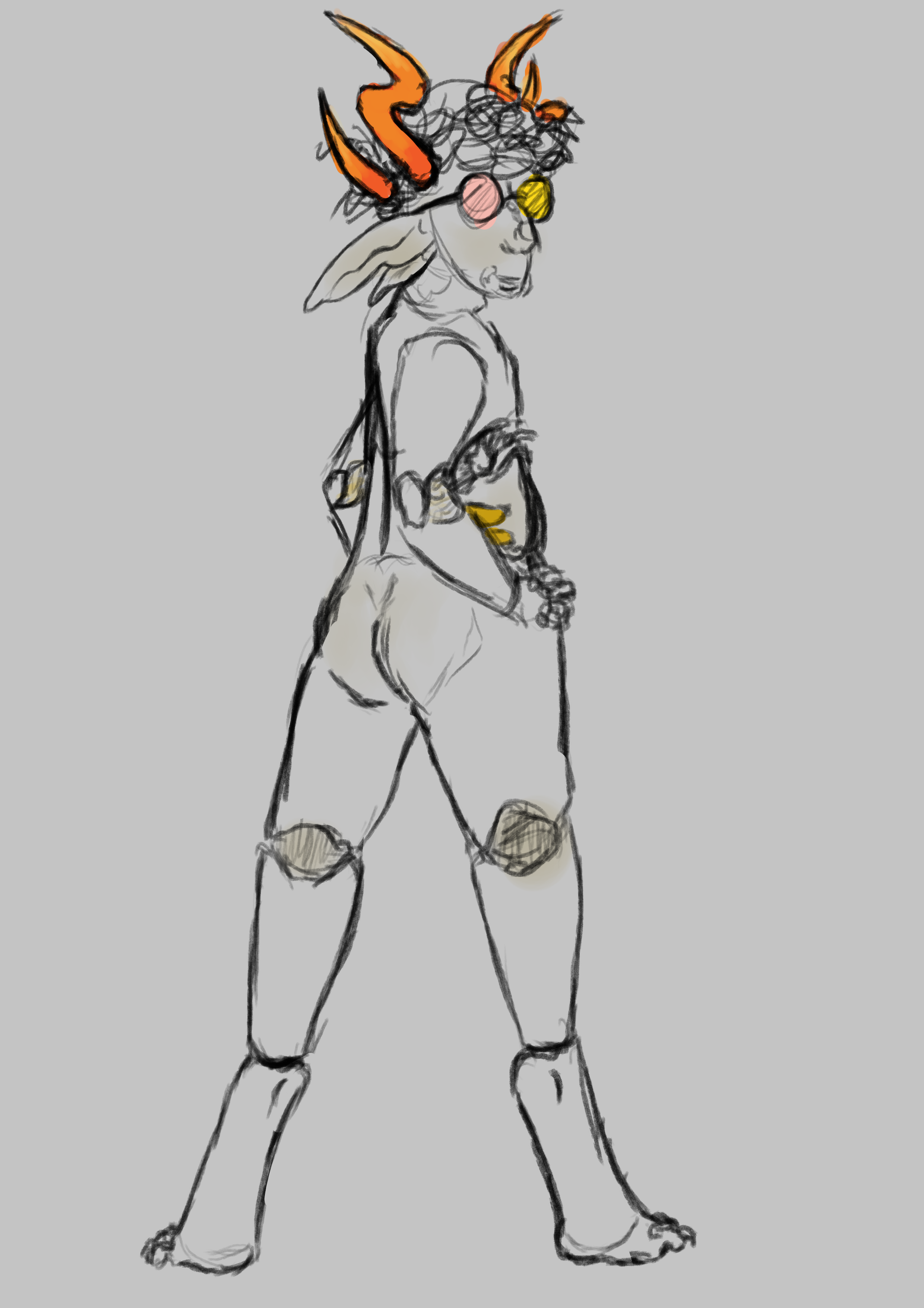 A yellow-blodded troll, its bare ass facing the camera, head twisted to face the camera as well, its wearing spamton coloured glasses [yellow and pink]