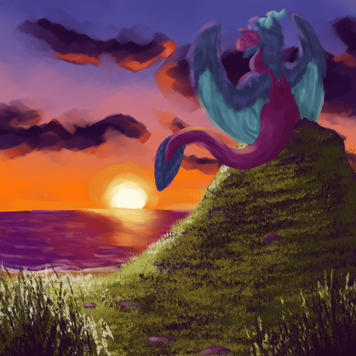 A purple dragon sitting on a lil hill by the sea watching the sunset, hes swinging his tail back and forth.