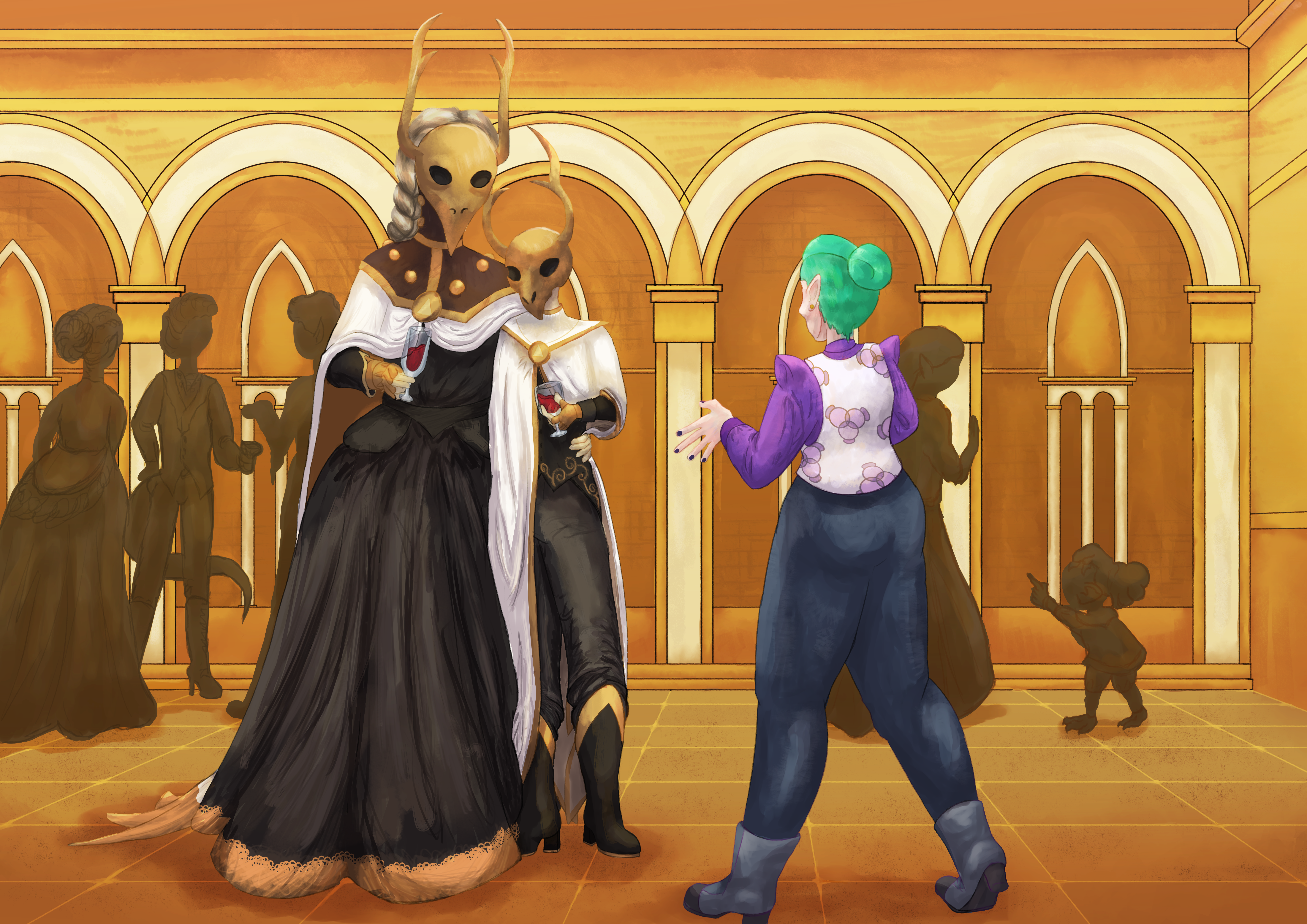 Aiden and Belos at a party, Odalia is walking up to the two probably with the intent to gass up her stupid fucking bussiness, Kikimora is vissible in the background, screaming at someone.