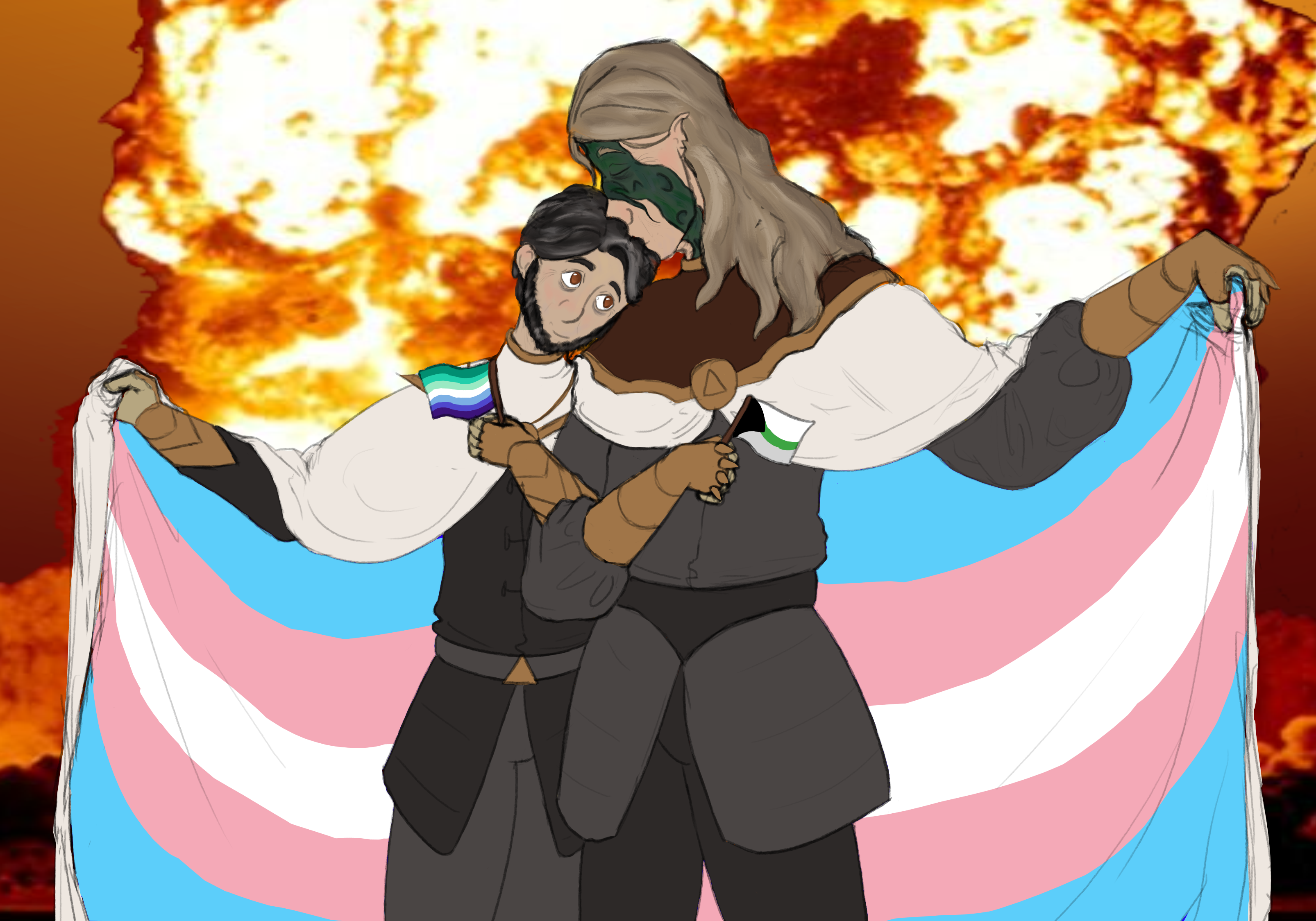 Aiden and Belos stand side by side holding lil pride flags, Aiden holds the toothpaste gay flag, Belos holds the demiromantic flag, the underside of their capes is also coloured in trans colours (great describing there dumbass). oh and theres and explossion behind them.