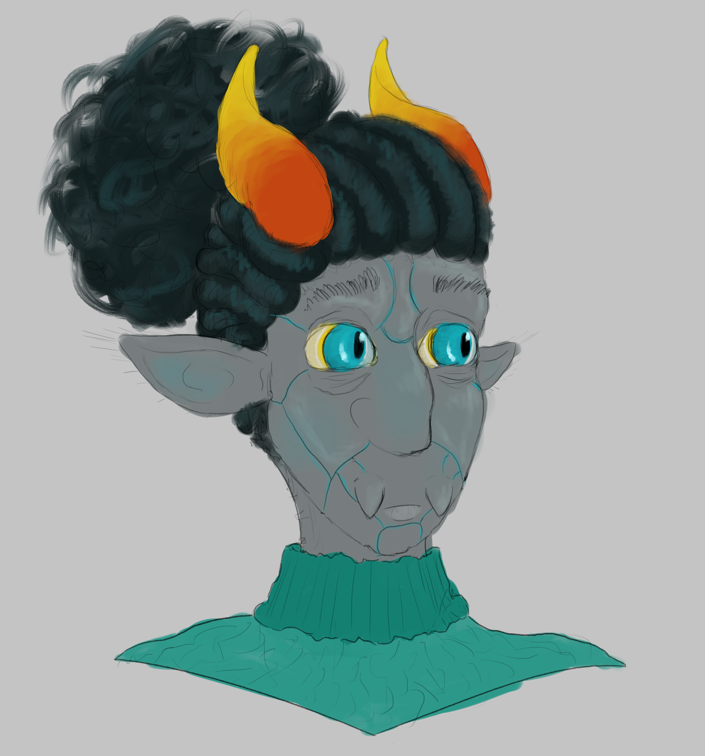 A sketchy drawing of a headshot of a mutant-teal-blood, shes wearing a turtleneck sweater.