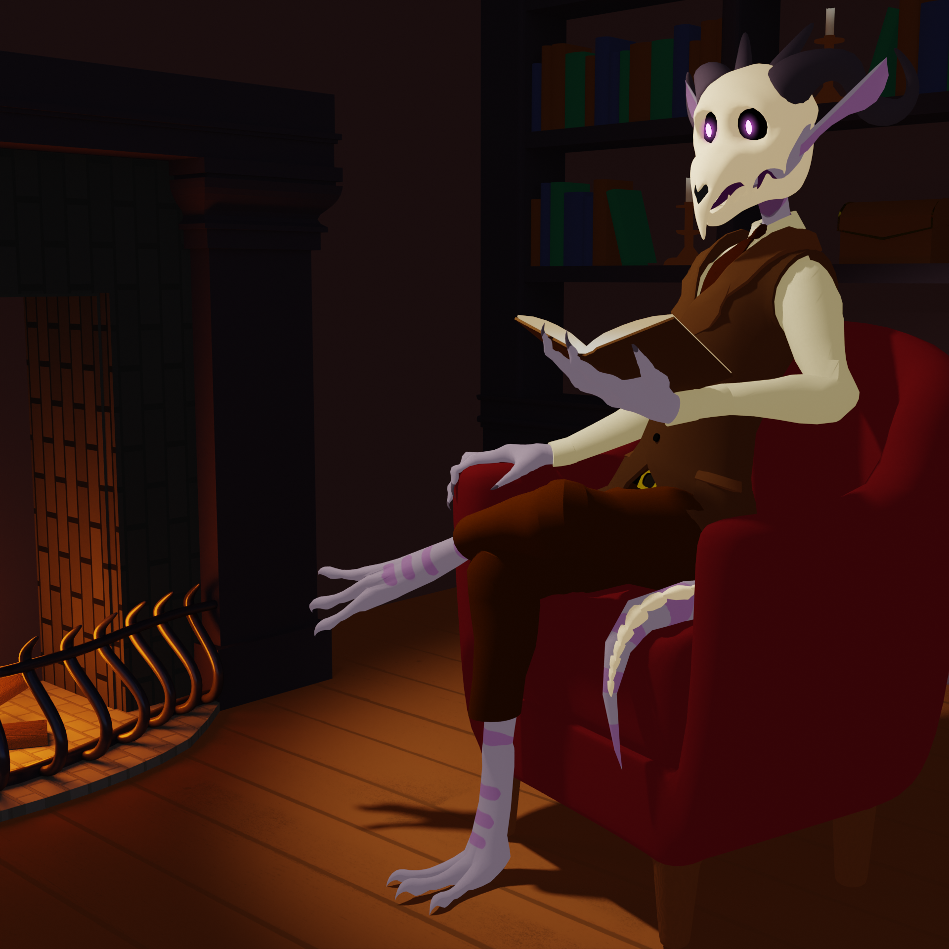 A purrple demon creatur with a skull for a head is sitting in a comfortable cushioned chair thats in front of a fireplace, theyre reading a book.