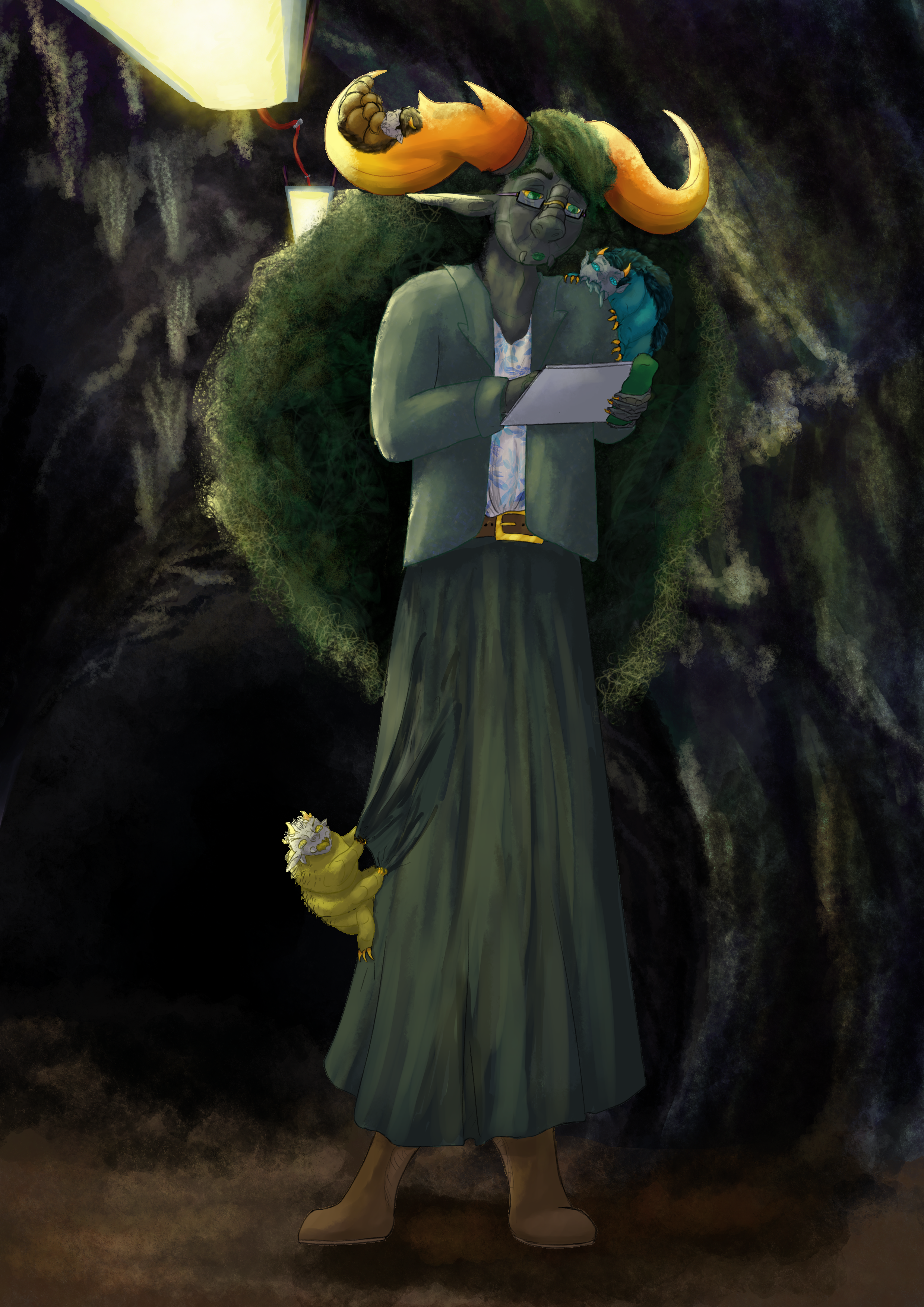 A jade-blooded troll, standing in a well lit cave, looking down at a tablet in concetration, as infant wrigglers cling to her trying to get her attention.