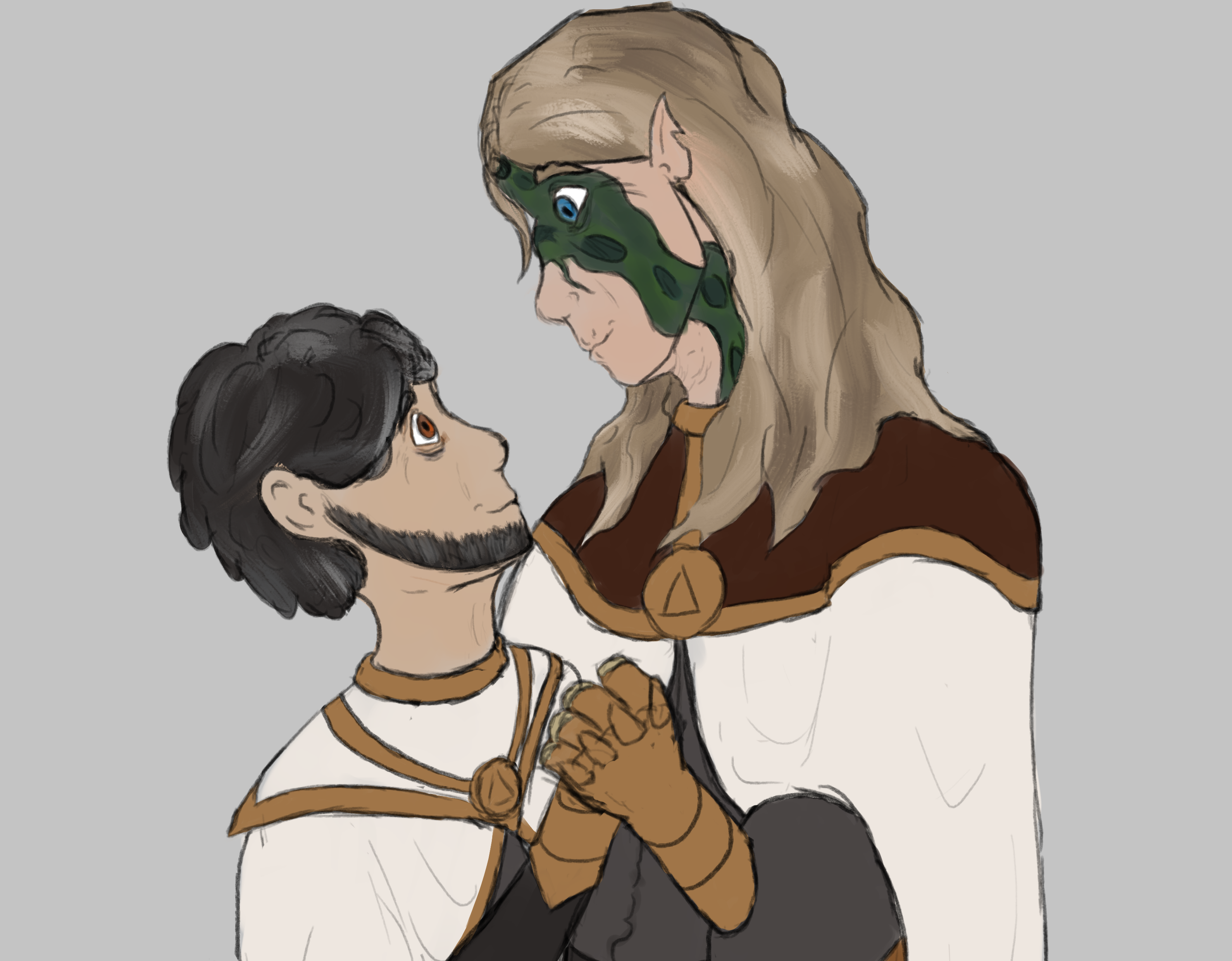 Aiden and Belos hold hands for a dance.