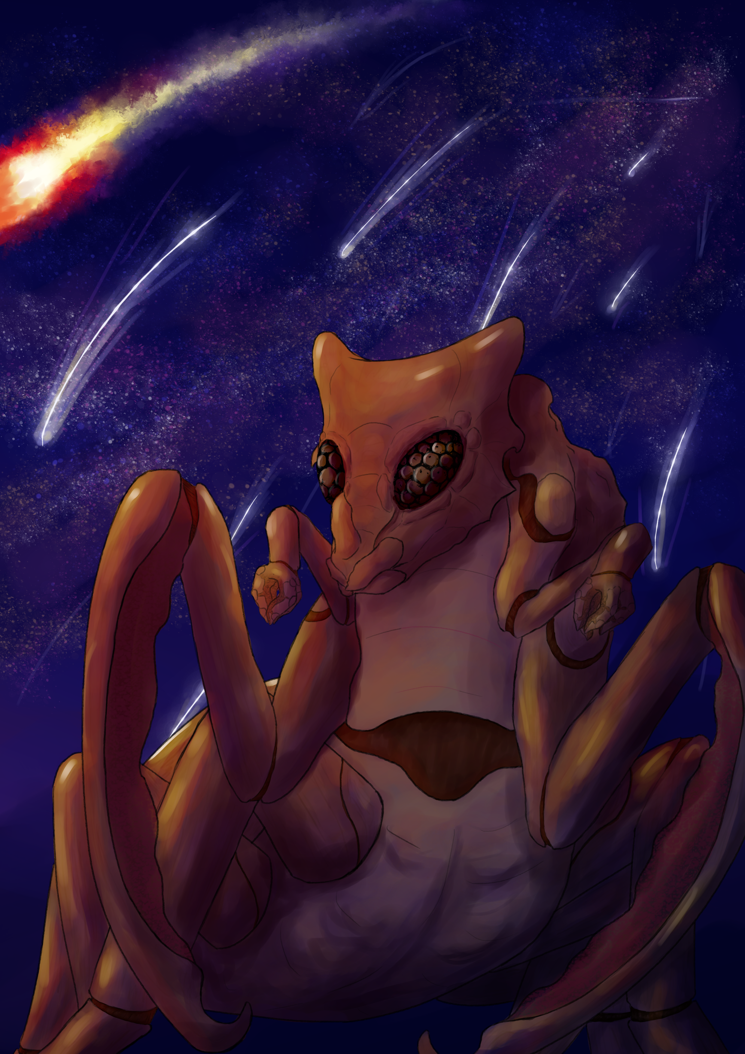 A mantis-like alien standing under the night sky, escape pods are raining from a javelin apearing like shooting stars.