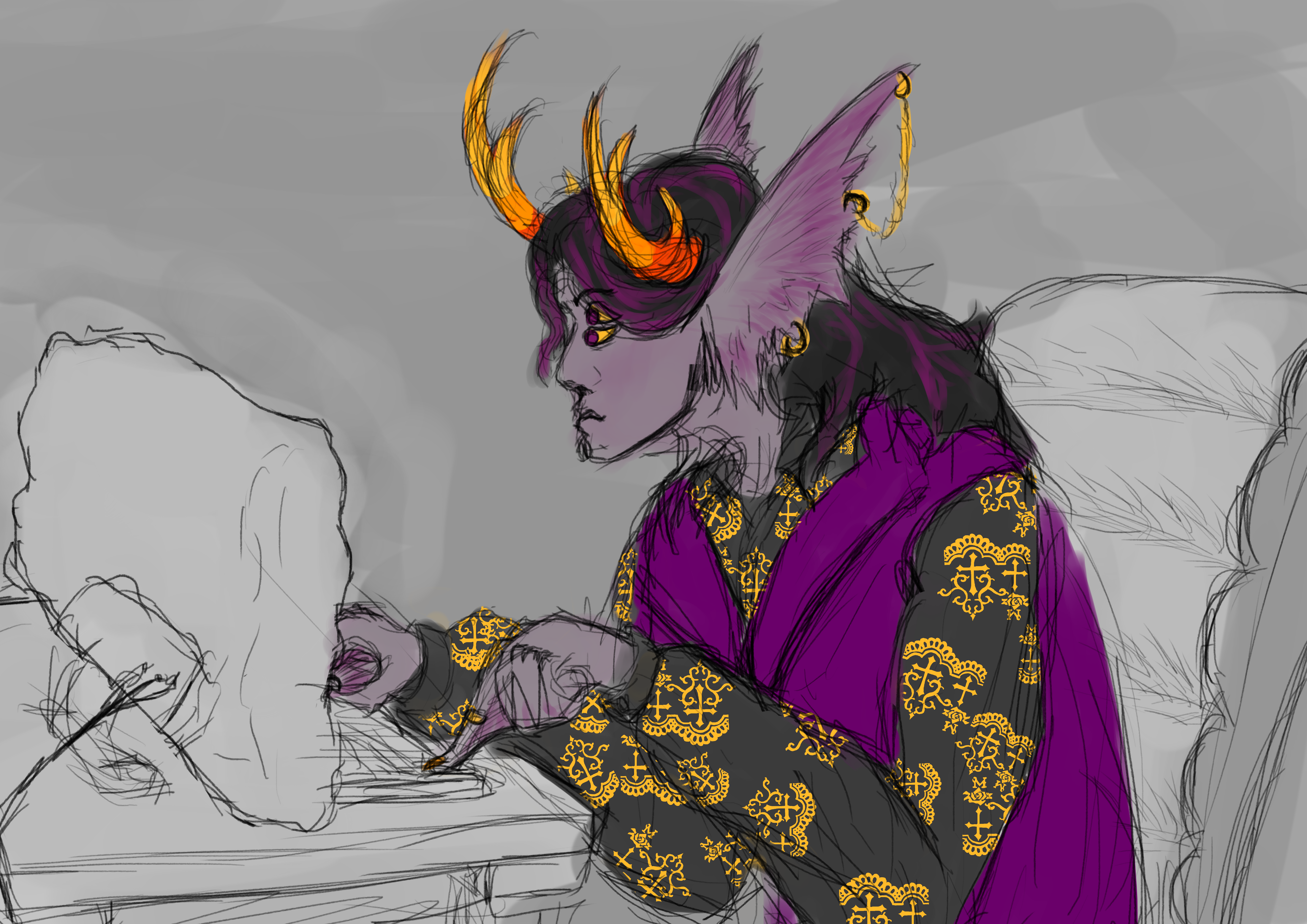 A violet-blooded troll intensly staring at a pc screen, he is slouching.