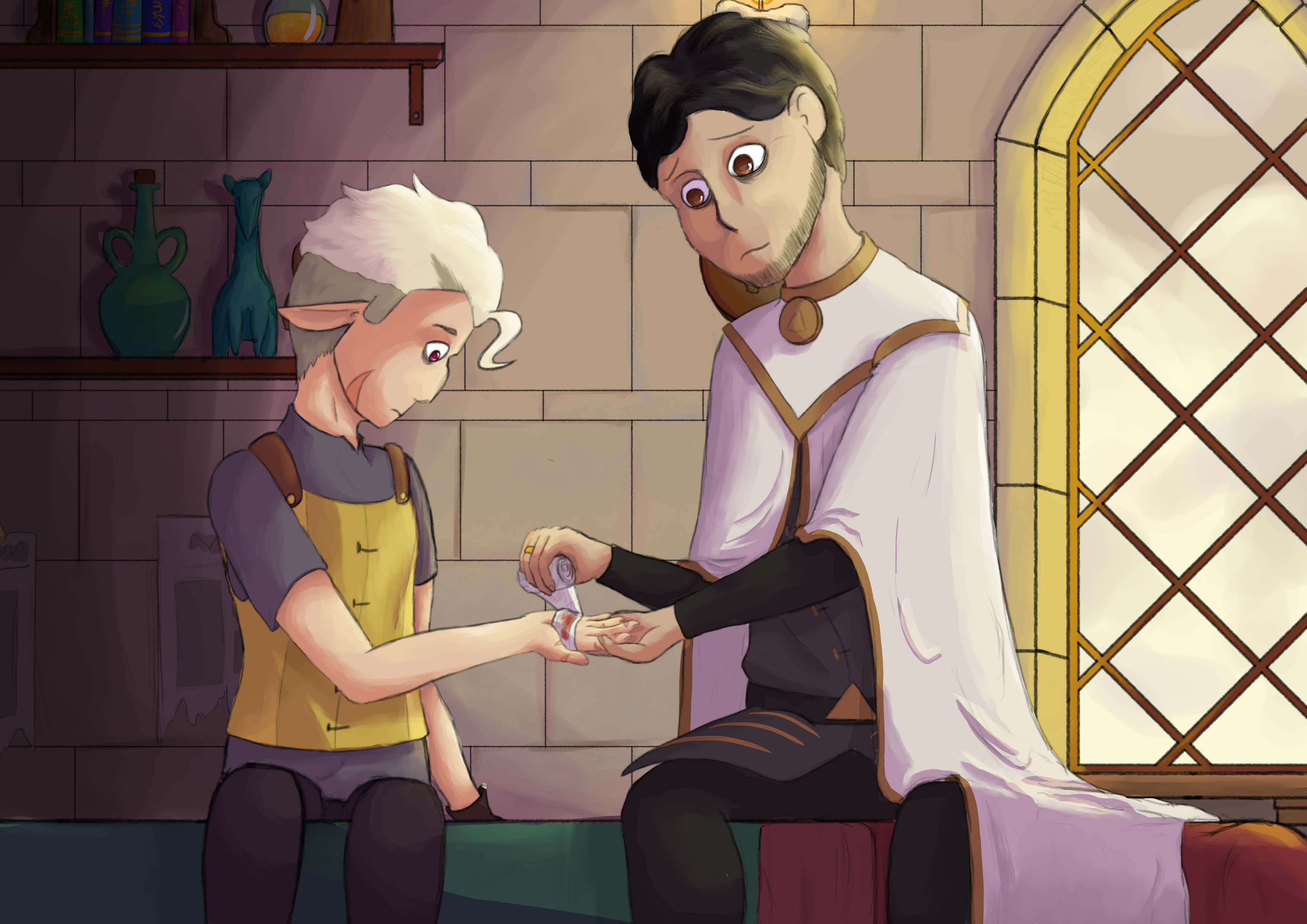 Aiden bandages up one of Hunter's wounds.