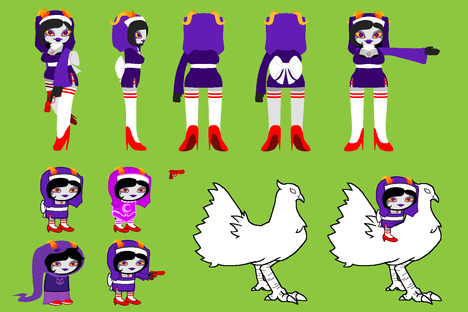 A purple blood troll dressed in a revealing outfit, some sort of cheap nun costume, the type you'd wear for halloween. Around his neck hangs a necklace featuring the cancer sign in red. He weilds a similarly red gun. His classpect is Heir of Rage, and his lusus appears to be some sort of large bird, which he rides.