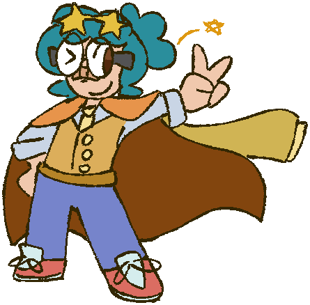A small illustration of Paul, an original character, smiling and doing a peace sign.